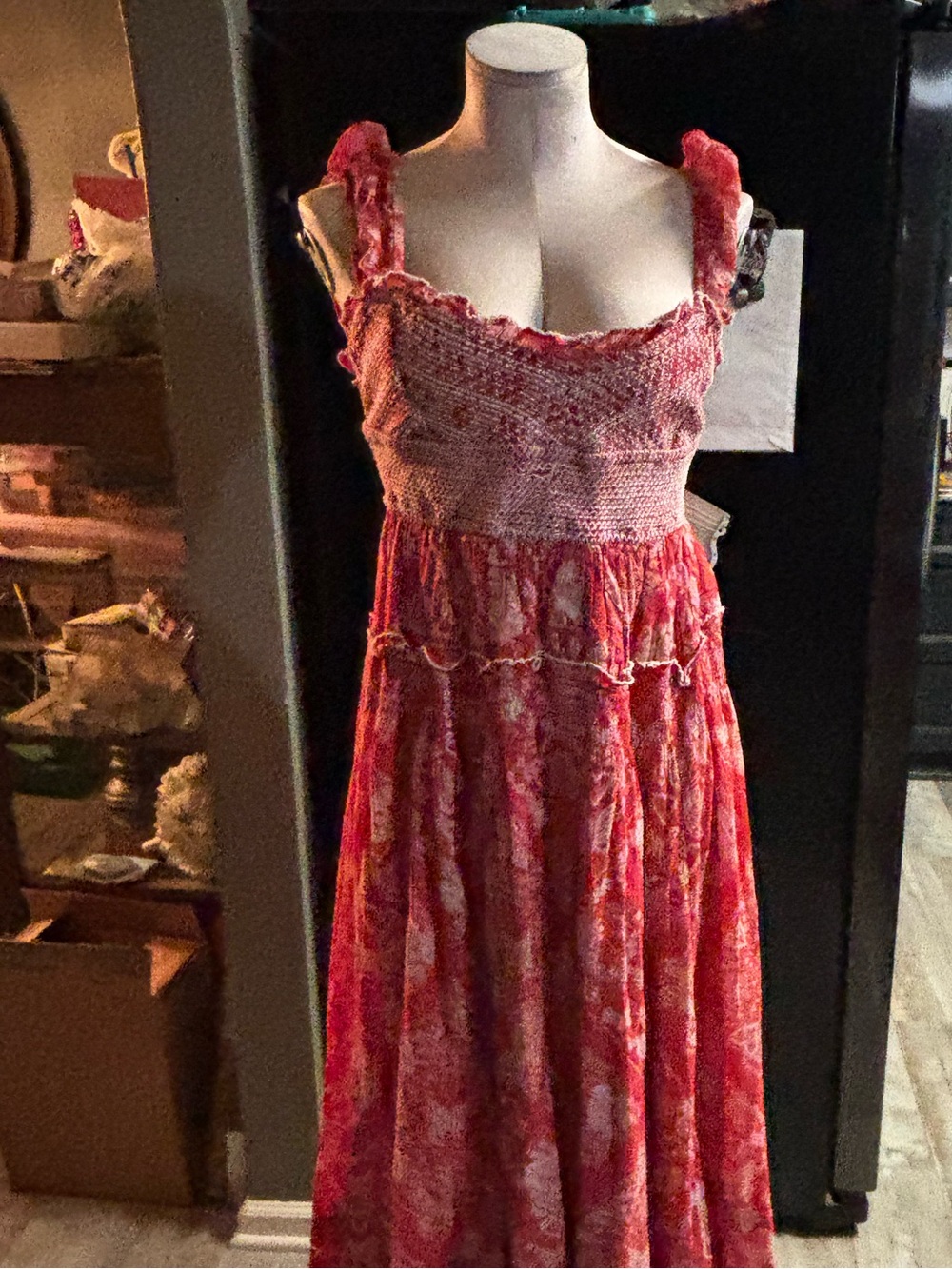 Free People Pink-Red Floral Smocked Maxi Dress